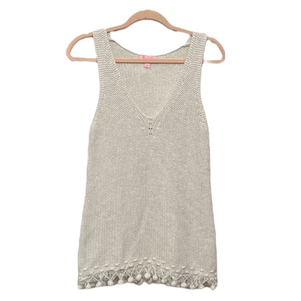 Lilly Pulitzer Sleeveless Jaya Sweater Pom Fringe Coastal Grandma Tank | Medium